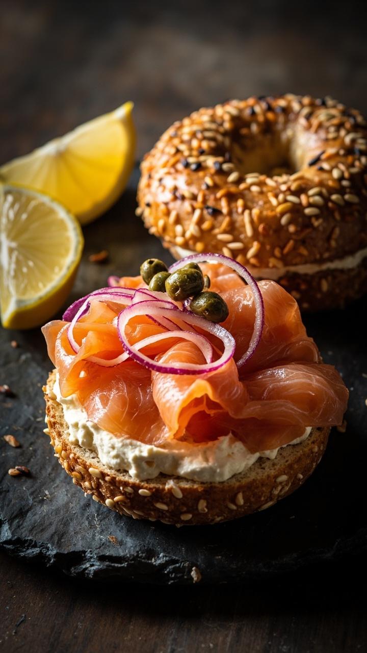 Toasted sesame bagel halves with a thick spread of cream cheese, folded smoked salmon slices, thin red onion rings and capers, lemon wedge on the side, slate plate Toasted sesame bagel halves with a thick spread of cream cheese, folded smoked salmon slices, thin red onion rings and capers, lemon wedge on the side, slate plate