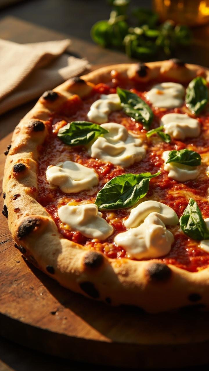 Thin golden crust with slightly charred edges, glossy puddles of melted white mozzarella, scattered fresh bright green basil leaves, a smear of red tomato sauce visible between cheese patches, served on a round wooden pizza board with a small linen napkin beside it