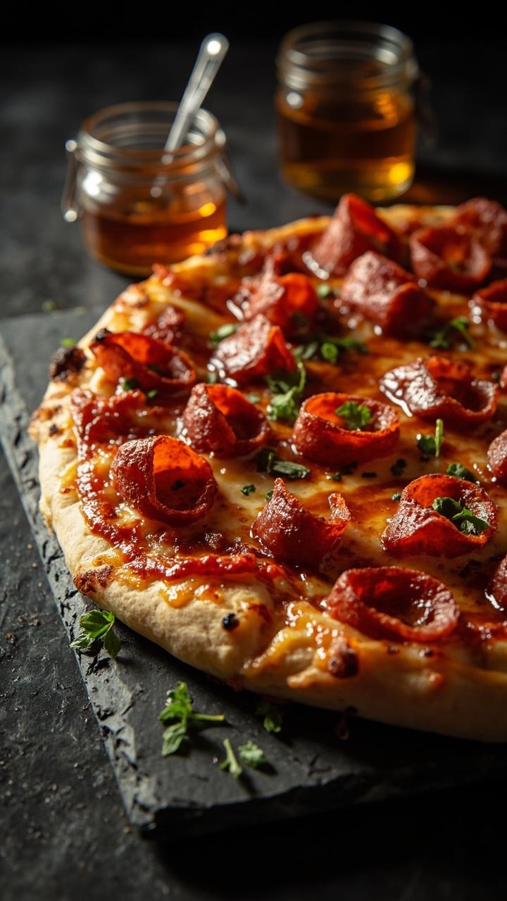 Round pizza with deep red pepperoni cups crisped at the edges, thin golden crust, light sheen of honey across the top, small sprigs of chopped parsley scattered, on a dark slate board with a small jar of honey nearby