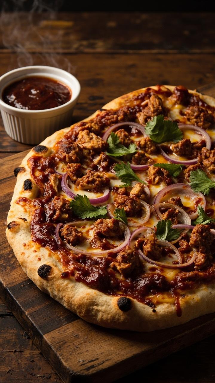 Oval pizza with caramelized thin red onion rings, pulled chicken coated in glossy dark BBQ sauce, melted golden cheddar and mozzarella blend, scattered cilantro leaves, rested on a rectangular wooden board with a small bowl of extra BBQ sauce