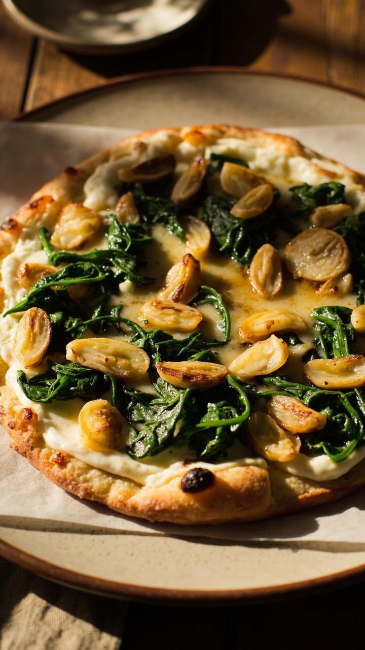 Round pizza with a creamy white ricotta base, wilted glossy spinach leaves, thinly sliced roasted garlic cloves visible on top, melted golden mozzarella, served on a pale ceramic plate with a folded napkin
