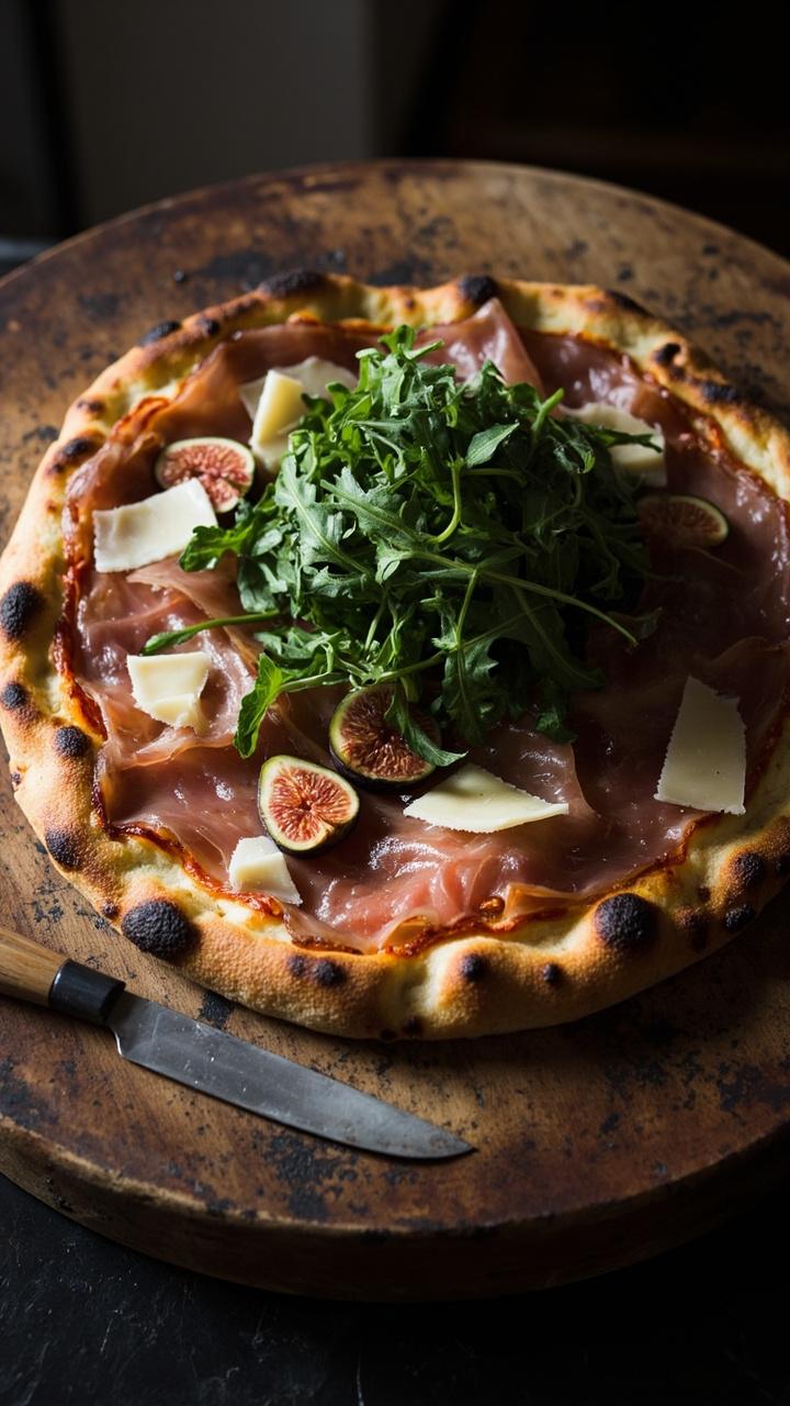 Thin-crust pizza topped after baking with paper-thin prosciutto slices, bright peppery arugula piled in the center, halved fresh figs peeking through, thin ribbons of shaved Parmesan, served on a round wooden board with a small cheese knife