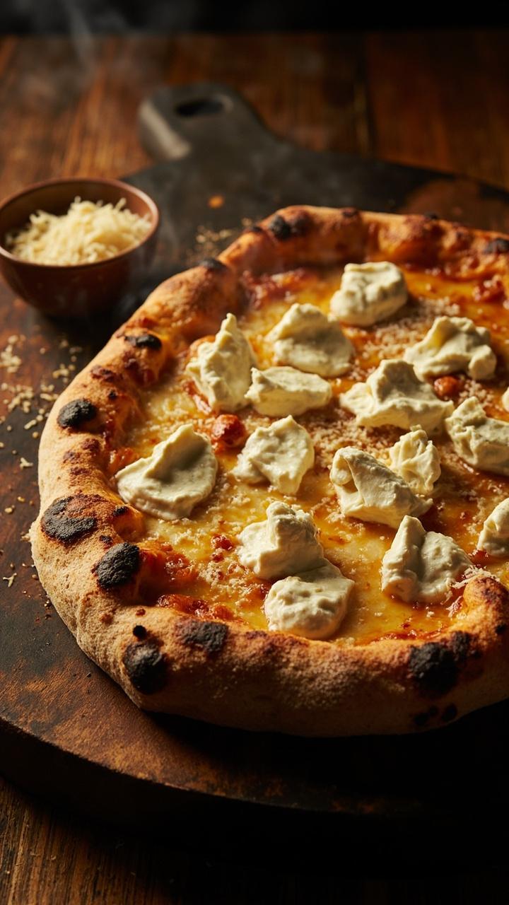 Golden bubbly cheese blend with pockets of browned edges, dollops of white ricotta visible, crumbled tangy goat cheese, dusting of grated Parmesan, rustic crust with irregular blistered edges, served on a dark wooden board with a small bowl of extra grated cheese