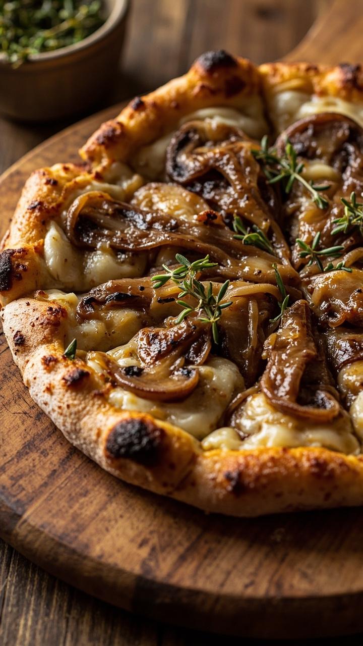 Round pizza with a glossy layer of caramelized onions, browned sliced mushrooms, sprigs of fresh thyme scattered, melted mozzarella peeking underneath, rustic crust on a round wooden board with a small bowl of extra thyme