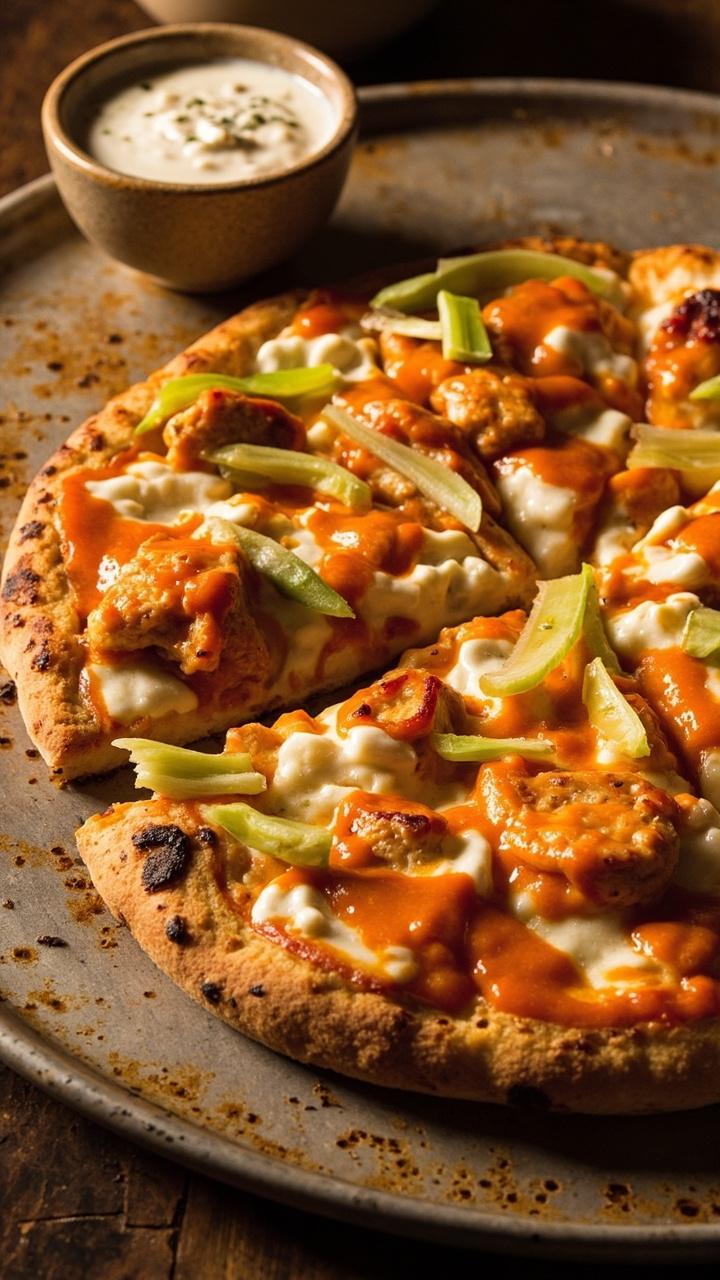 Round pizza with orange buffalo sauce glazed chicken chunks, patches of blue cheese crumbles and melted mozzarella, thinly sliced celery sticks scattered after baking, golden crust on a metal pizza pan with a small bowl of ranch dressing