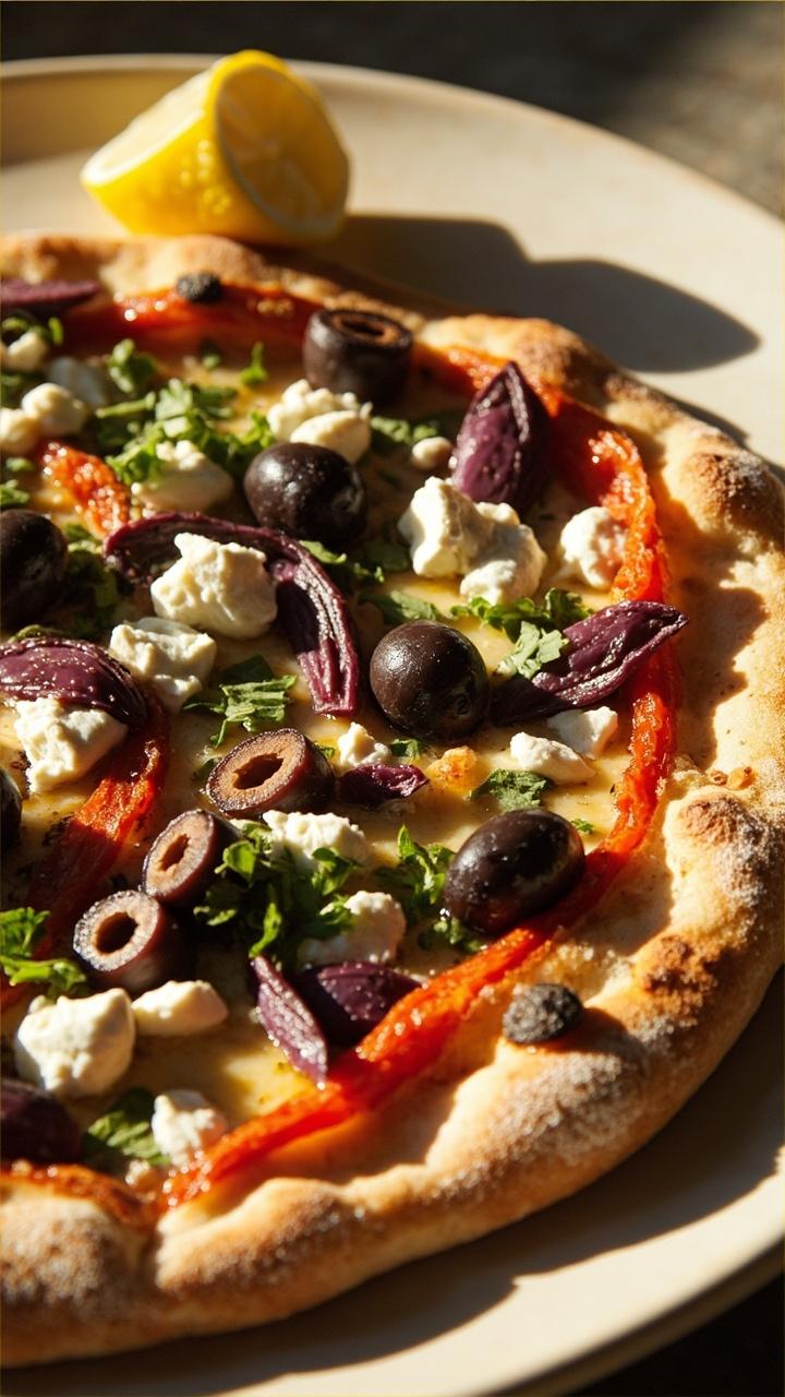 Round pizza topped with roasted red pepper strips, crumbled white feta, sliced Kalamata olives, scattered chopped fresh parsley, golden crust on a pale ceramic plate with a small lemon wedge nearby