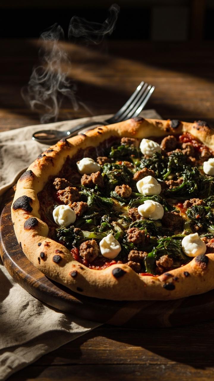 Round pizza with crumbled browned Italian sausage, dark green wilted broccoli rabe, dollops of white creamy ricotta, golden blistered crust, served on a wooden board with a fork and linen napkin