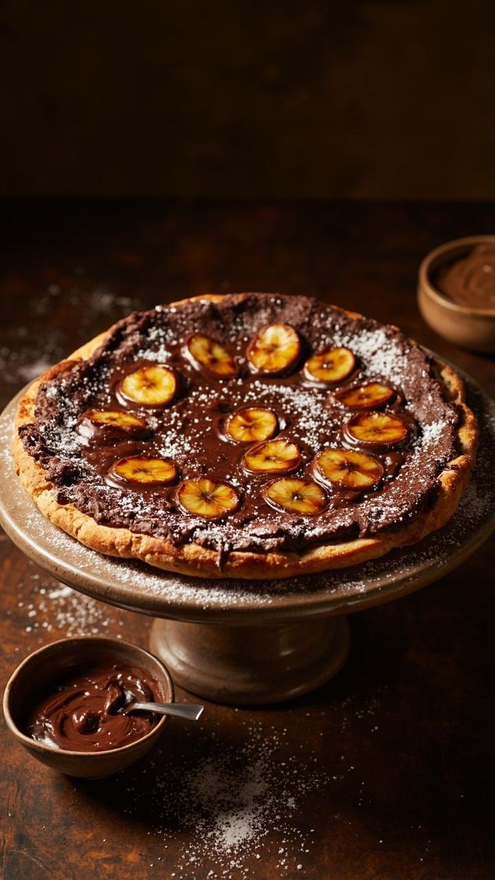 Round pizza with glossy spread of melted Nutella, caramelized banana slices arranged in a circle, light dusting of powdered sugar, thin crisp crust, served on a cake stand with a small bowl of extra Nutella