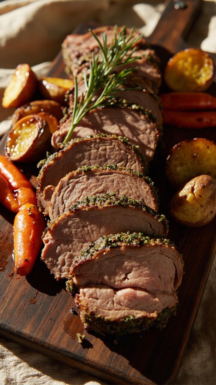 Sliced pork tenderloin with a green herb crust fanned on a wooden cutting board, roasted baby carrots and fingerling potatoes on the side, a sprig of rosemary on top, linen napkin beneath the board