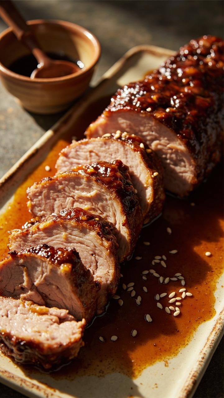 Whole glazed pork tenderloin sliced into thick pieces on a ceramic platter, glossy honey garlic sauce pooled slightly beneath, sprinkled sesame seeds, small bowl of extra glaze to the side, wooden serving spoon