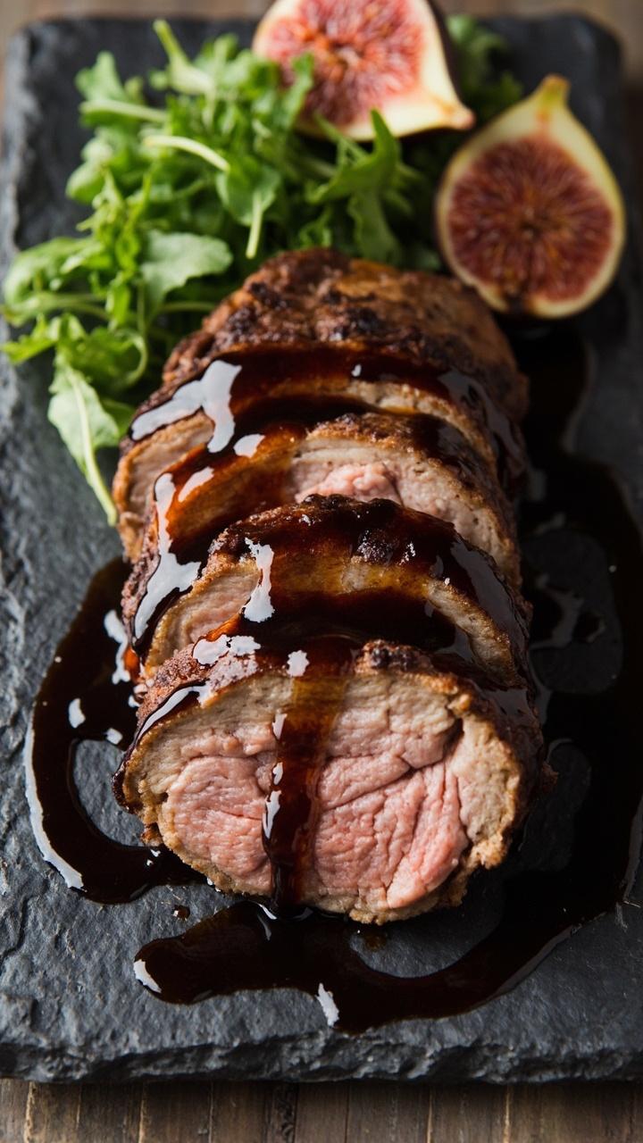 Sliced pork tenderloin topped with a dark glossy fig balsamic glaze on a slate plate, small mound of arugula dressed lightly beside the pork, halved fresh figs as garnish, drizzle of glaze on the plate