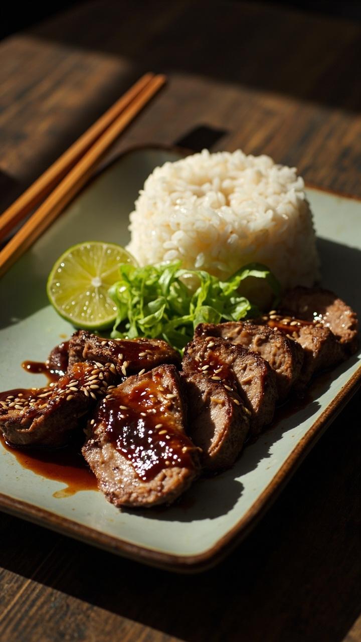 Sliced pork tenderloin with a dark sesame soy glaze on a rectangular plate, steamed jasmine rice molded beside it, sliced green onions and a lime wedge for garnish, chopsticks resting on the plate rim