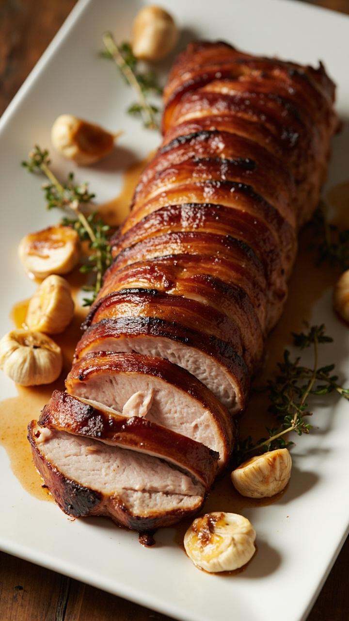 Bacon wrapped pork tenderloin roasted until bacon is crisp, sliced to show juicy interior with bacon edges, roasted garlic cloves and thyme sprigs scattered on the platter, simple white serving plate