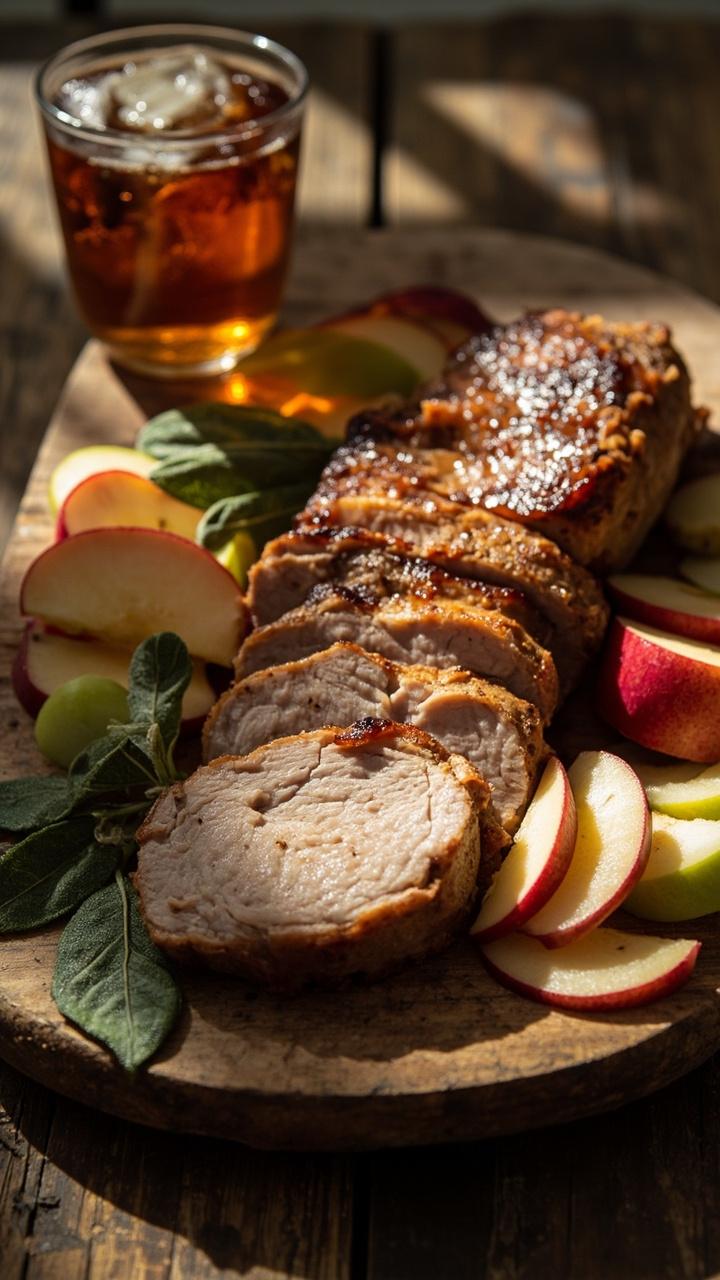 Sliced pork tenderloin with a light golden crust on a platter, thin apple slices and a few fresh sage leaves arranged around the pork, glass of apple cider nearby, wooden board beneath