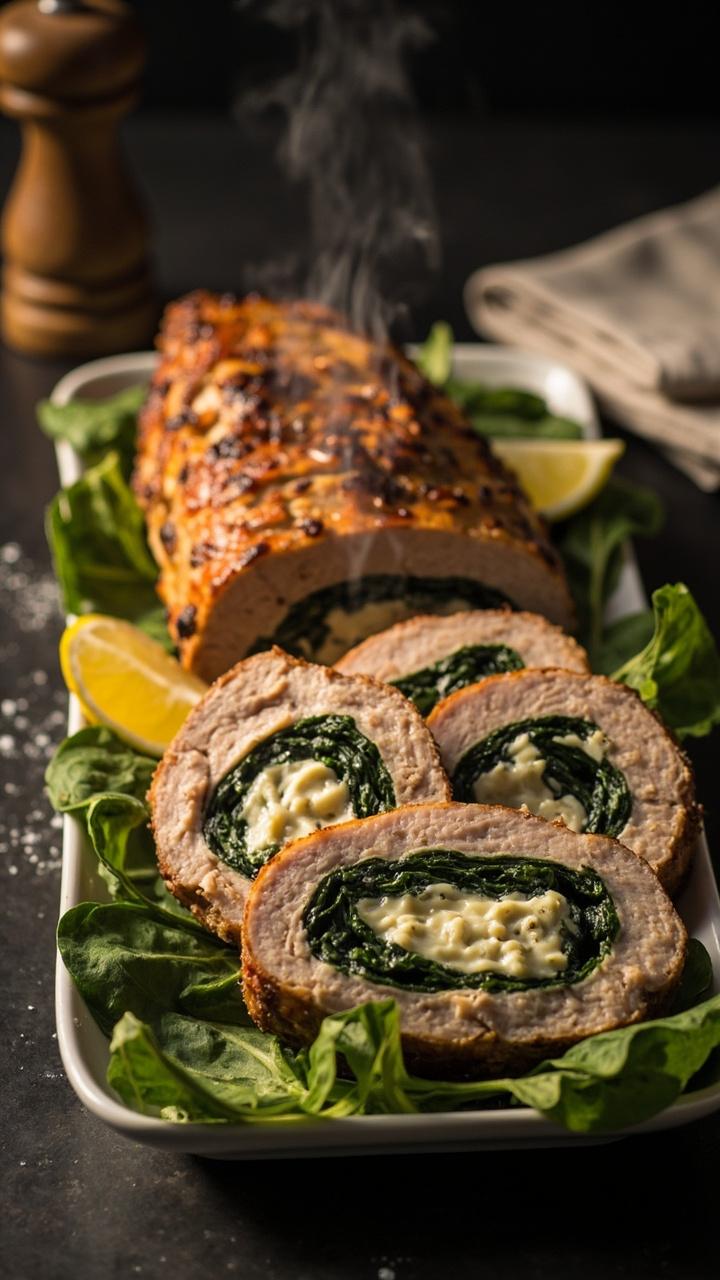 Pork tenderloin sliced to reveal a green spinach and white feta filling, served on a long platter with lemon wedges, baby spinach leaves scattered around, salt grinder and napkin nearby