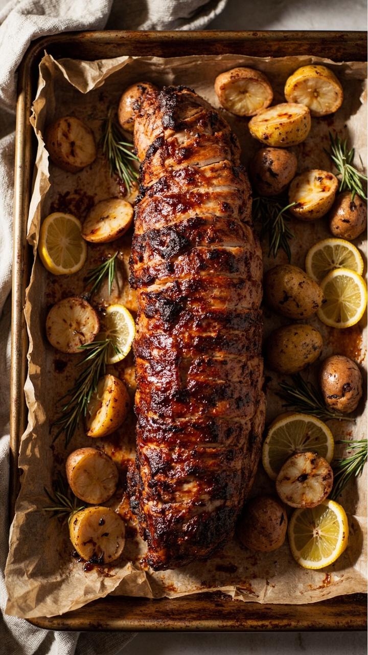 Whole roasted pork tenderloin with lemon slices and rosemary sprigs on a sheet pan with halved garlic cloves and golden roasted baby potatoes, parchment beneath, kitchen towel folded at the side