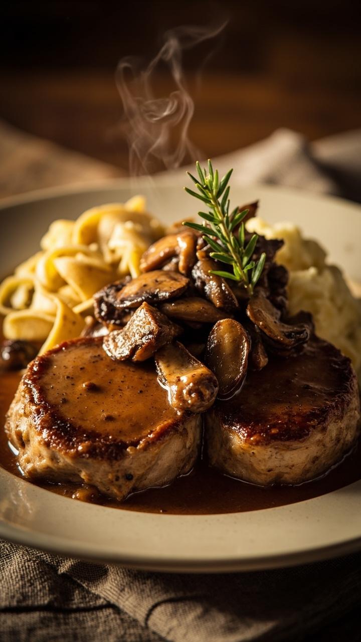 Round pork medallions arranged on a plate smothered lightly in brown mushroom sauce, sautéed mushrooms and a sprig of thyme atop, buttered egg noodles or mashed potatoes peeking at the edge, cloth napkin underneath