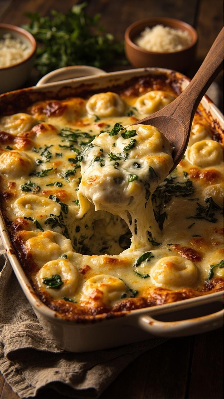 A shallow ceramic baking dish with golden bubbled cheese on top and flecks of bright green spinach peeking through. A wooden spoon lifts a portion showing melted ricotta and tortellini, sprinkled with chopped parsley. A linen napkin and a small bowl of grated parmesan sit nearby.