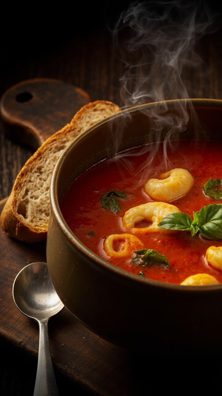 A deep soup bowl filled with tomato broth and floating cheese tortellini, topped with a few small basil leaves. A slice of toasted sourdough rests beside the bowl on a wooden board. Steam rises from the soup and a spoon is ready at the side.
