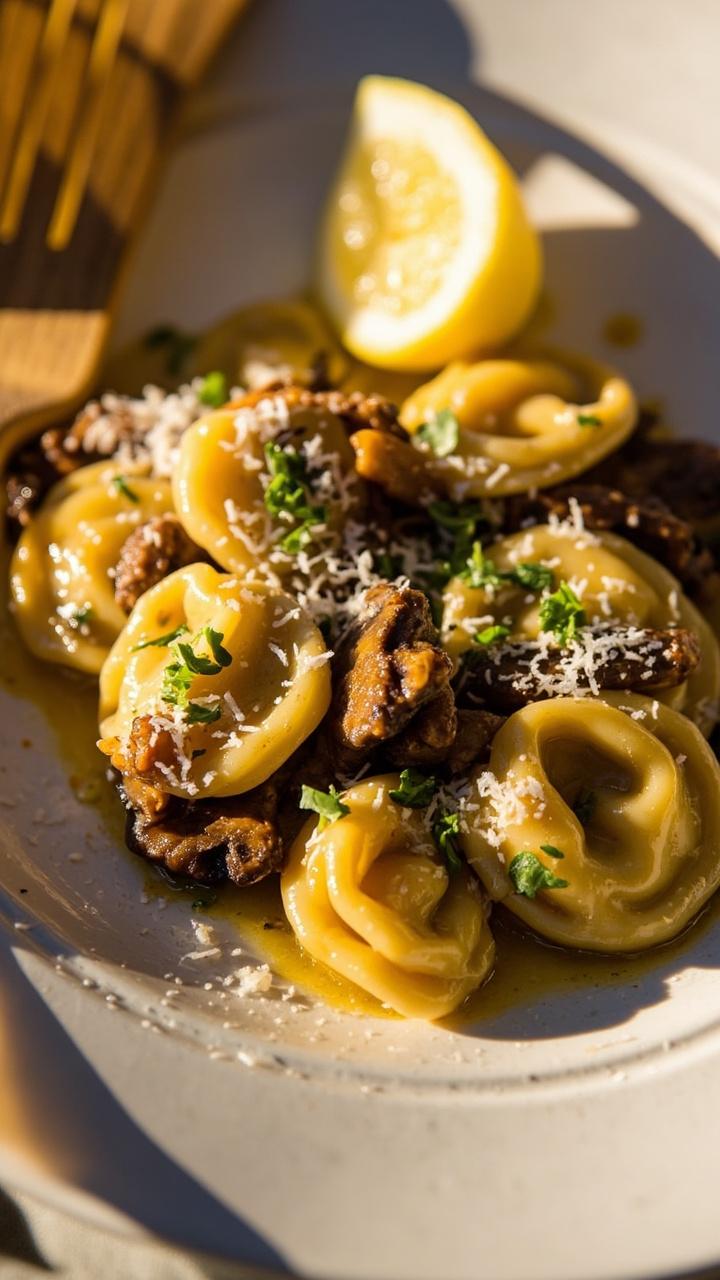 A shallow white plate with glossy tortellini coated in brown butter and sliced mushrooms, sprinkled with grated parmesan and chopped parsley. A wedge of lemon sits nearby and a wooden fork rests on the plate edge.