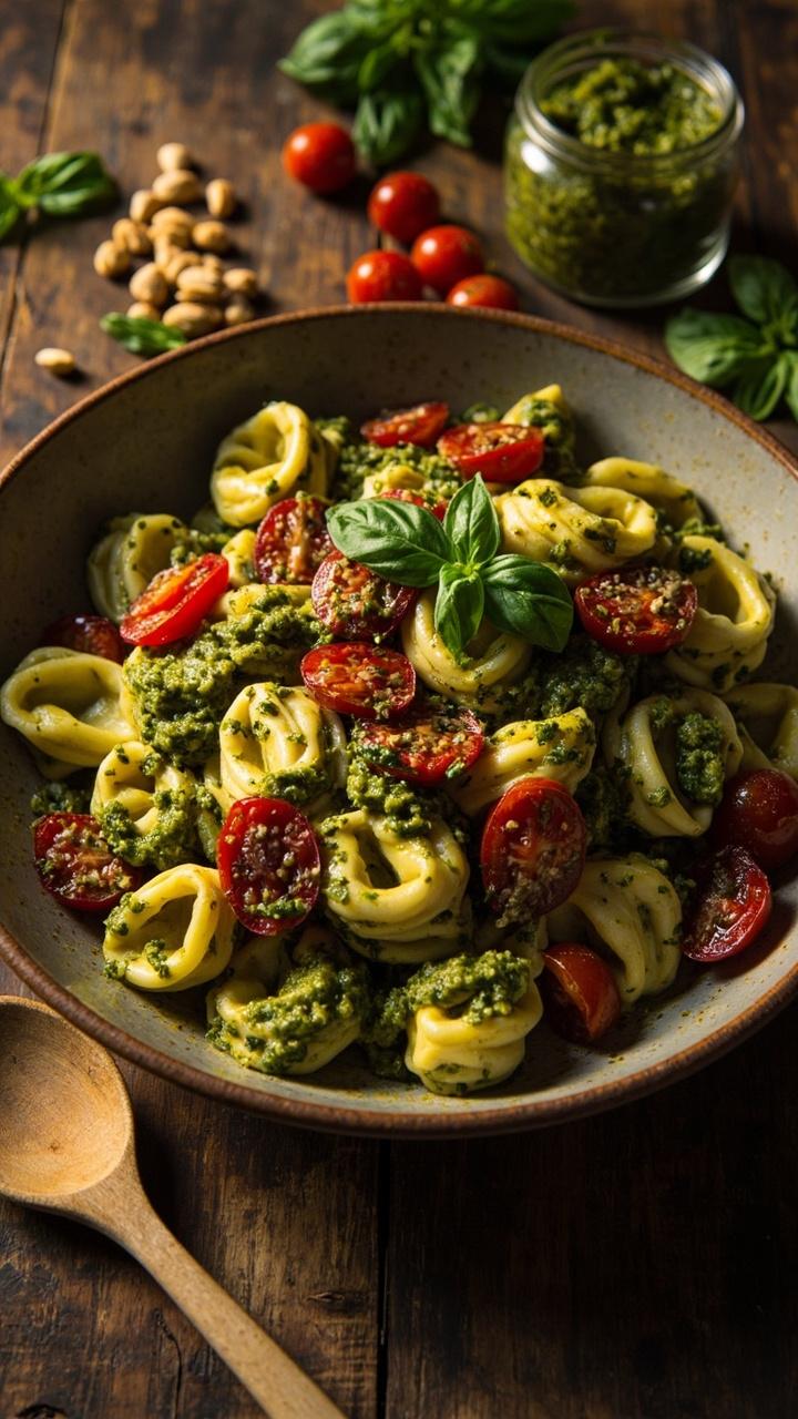 A shallow bowl with tortellini tossed in green pesto and scattered blistered red cherry tomatoes. Toasted pine nuts and a few basil leaves garnish the top. A wooden spoon and a small jar of pesto sit on a rustic table.