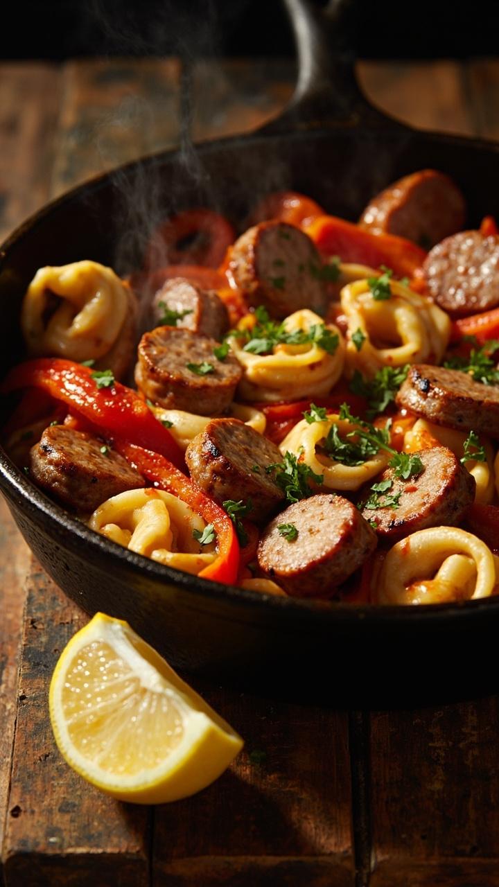 A cast iron skillet filled with golden browned sausage slices, red and yellow bell pepper strips, and tortellini tossed in a light tomato sauce. A sprinkle of chopped parsley and a wedge of lemon sit at the side on a wooden board.