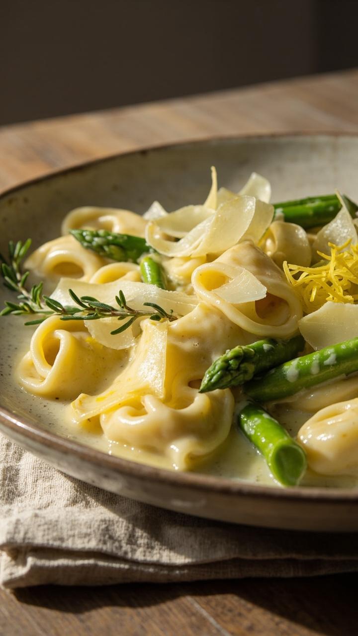 A wide plate with tortellini and bite sized asparagus pieces in a light lemon cream sauce. Shaved parmesan curls and lemon zest sit on top and a sprig of thyme rests on the side. A light cloth napkin lies beneath the plate.
