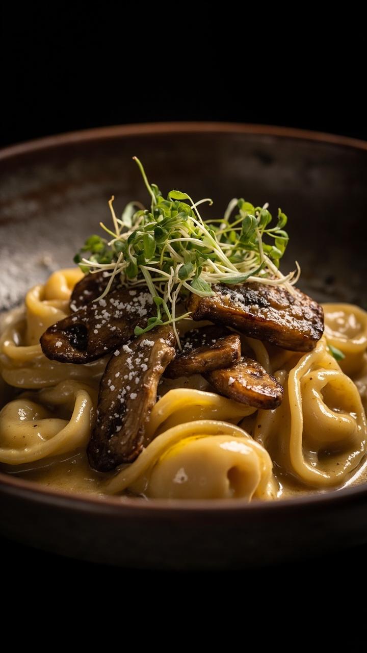 A dark ceramic bowl holding tortellini in a glossy cream sauce with sautéed mushroom slices on top and a gentle drizzle of truffle oil. Microgreens and a light dusting of parmesan finish the plate.