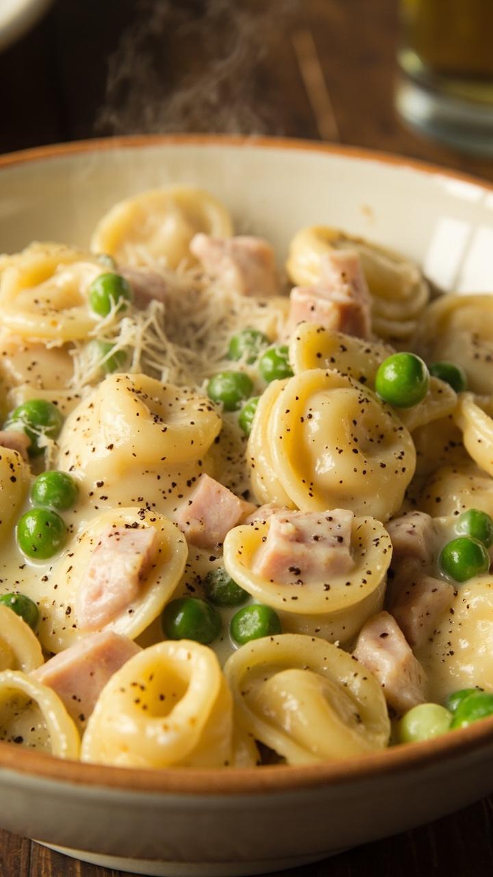 A shallow pasta bowl piled with tortellini in a glossy white Alfredo sauce, green peas scattered throughout, and small pink cubes of ham visible. A light sprinkle of black pepper and grated parmesan finish the dish.