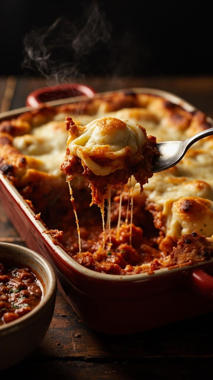 A deep rectangular baking dish with a browned mozzarella crust and edges of meat sauce bubbling through. A serving spoon reveals a layer of tortellini coated in red meat sauce and melted cheese. A small bowl of extra sauce sits nearby.