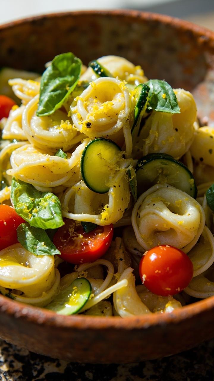 A shallow bowl with tortellini tossed with a medley of colorful vegetables such as zucchini ribbons, halved cherry tomatoes, and steamed sugar snap peas. A drizzle of olive oil and a scattering of lemon zest and basil leaves finish the plate.