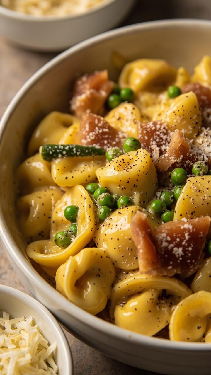 A deep white bowl of glossy tortellini coated in a creamy yellow sauce with small green peas and golden pancetta cubes visible. A dusting of black pepper and grated parmesan tops the dish. A small ramekin of extra grated cheese sits beside the bowl.