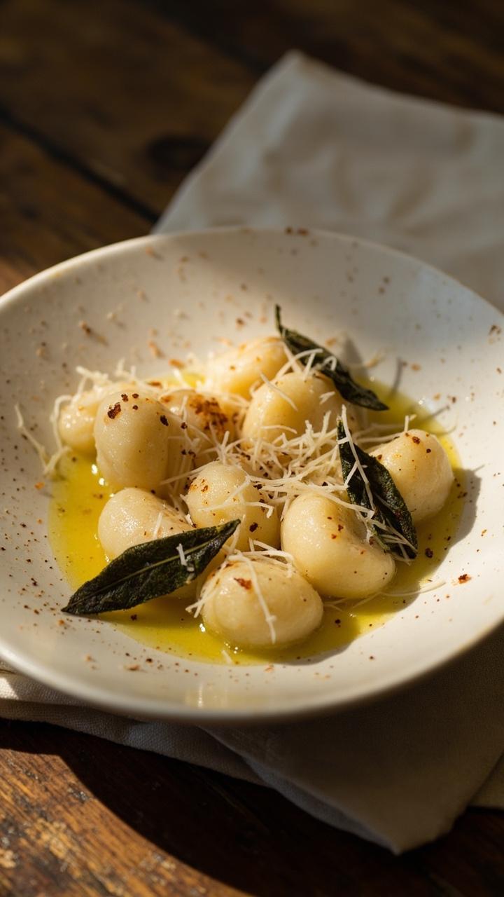 Small mounds of pillowy potato gnocchi glistening in amber brown butter. Crispy sage leaves scattered on top. A light dusting of grated Parmesan. A rustic shallow white bowl on a wooden table with a linen napkin.