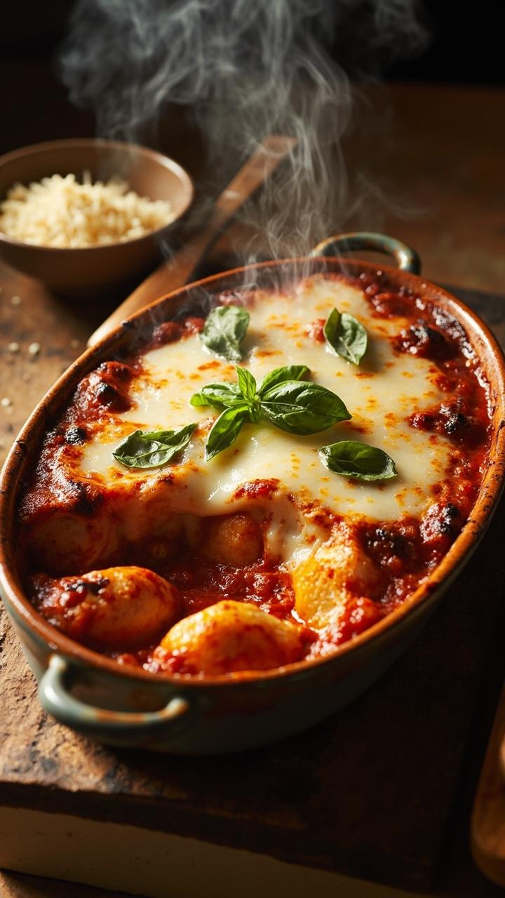 Bubbling baked gnocchi in a shallow ceramic gratin dish. Bright red tomato sauce peeking through melted mozzarella. Fresh basil leaves scattered on top. A wooden spoon and a small bowl of extra grated cheese nearby.