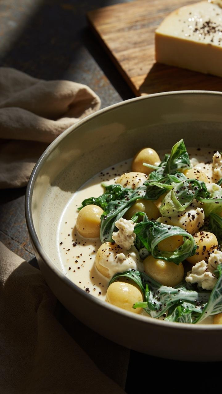 Creamy white sauce coated gnocchi with wilted deep green spinach. Crumbles of pale blue gorgonzola on top and a few grinds of black pepper. A shallow bowl with a soft linen napkin beside it and a small wedge of gorgonzola on a board.