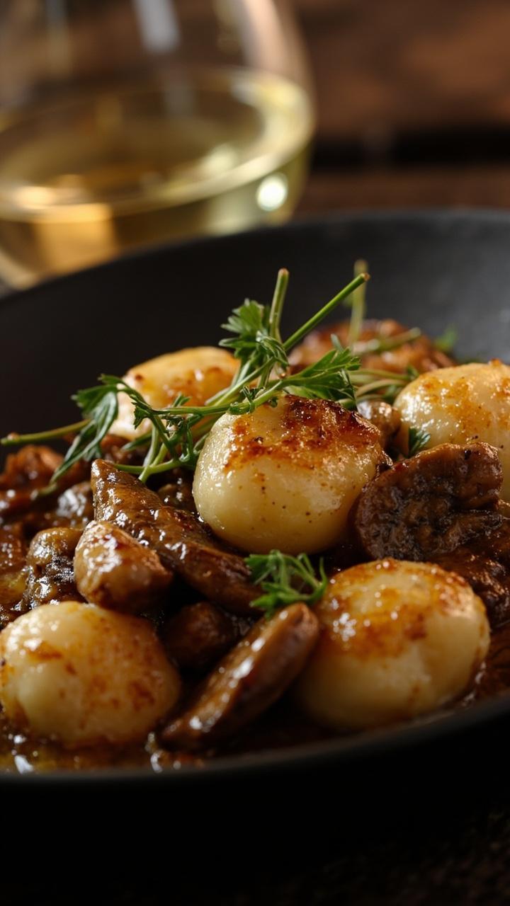 Golden brown browned gnocchi nestled among sautéed mixed mushrooms. Sprigs of fresh thyme and a glossy pan sauce. A dark shallow bowl with a sprinkle of parsley and a glass of white wine in the background.