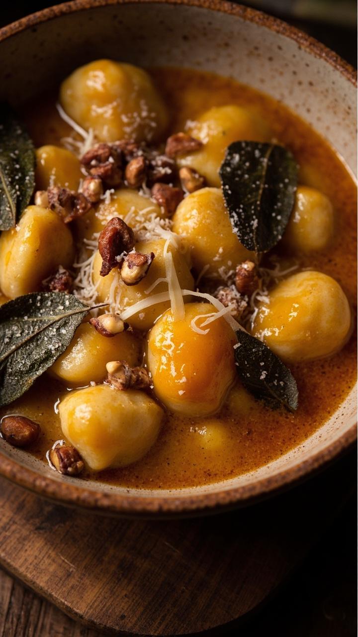 Orange tinted gnocchi sitting in golden brown butter. Chopped toasted hazelnuts sprinkled on top. A few fried sage leaves and a light dusting of grated Parmesan. A ceramic bowl on a wooden board.