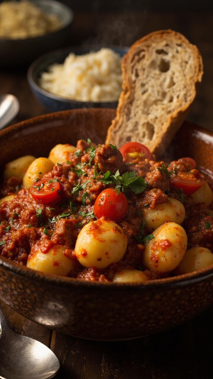 Plump gnocchi mingled with chunky tomato and sausage ragu. Bright halved cherry tomatoes and flecks of chopped parsley. A deep bowl with a slice of crusty bread on the side and a spoonful of grated cheese nearby.