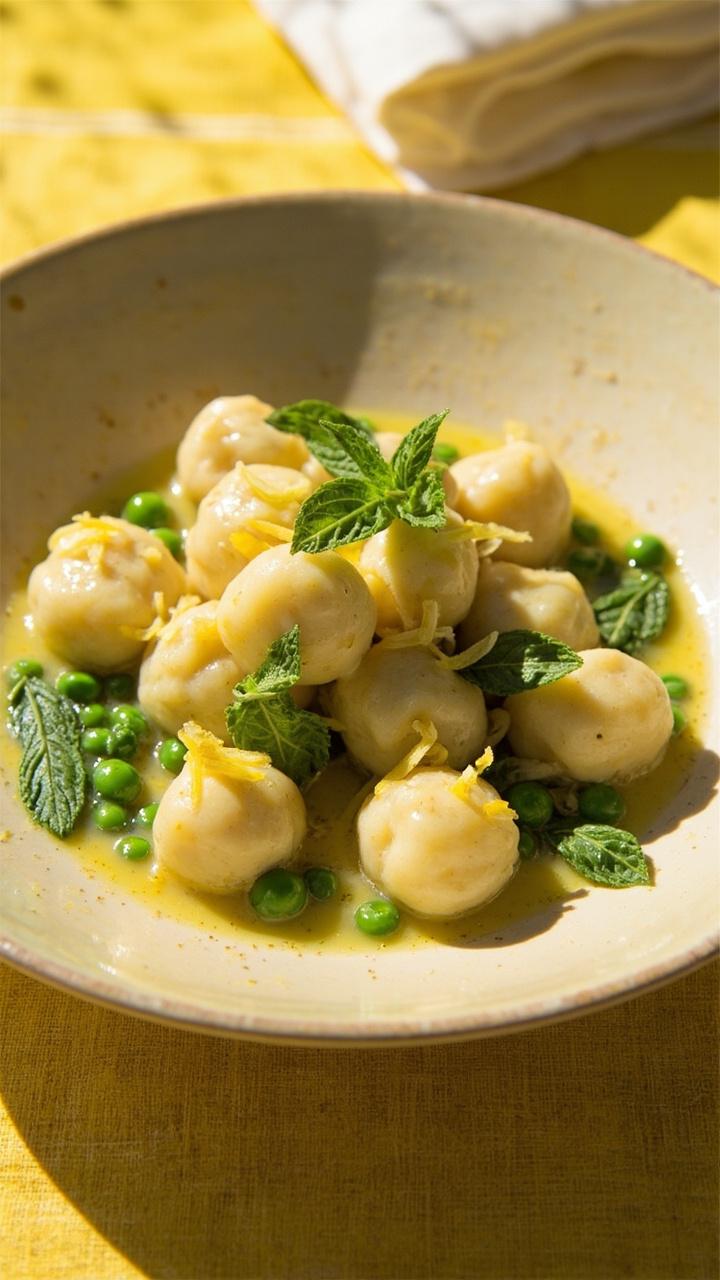 Pale gnocchi flecked with green peas and fresh mint leaves. A glossy light lemon butter sauce and tiny citrus zest shavings on top. A shallow pastel bowl on a bright tablecloth.