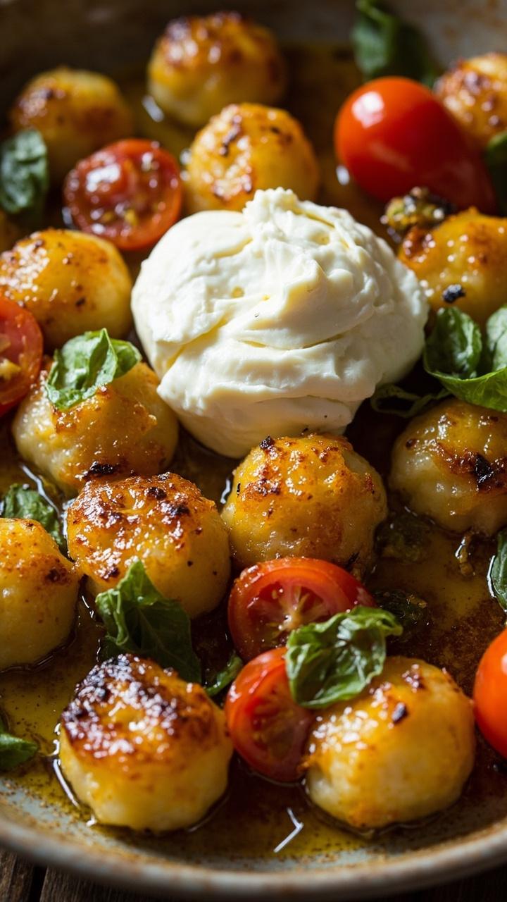 Crispy browned gnocchi arranged beside blistered cherry tomatoes. A round of soft burrata split open with creamy center visible. Fresh basil leaves and a drizzle of olive oil on a large serving plate.