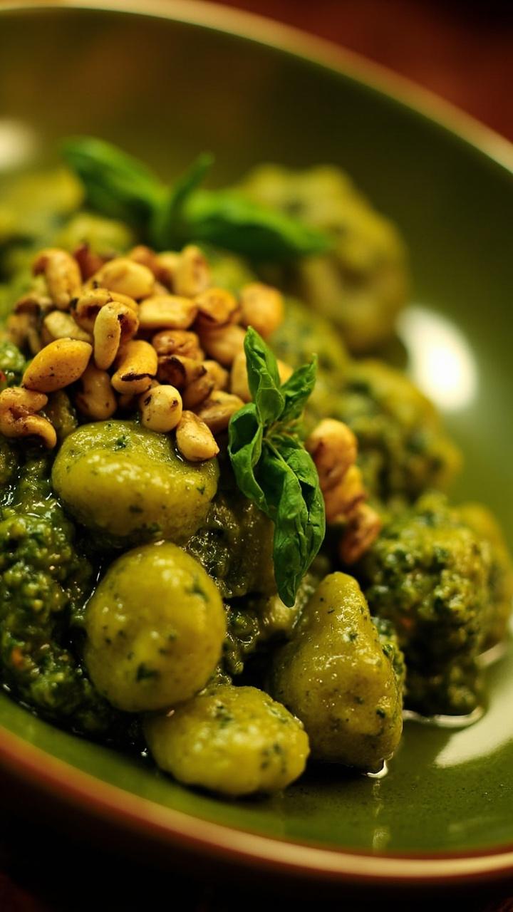Green pesto coated gnocchi with a glossy sheen. A few toasted pine nuts scattered on top and a small spoonful of extra pesto on the side. A shallow green tinted bowl and a sprig of basil.