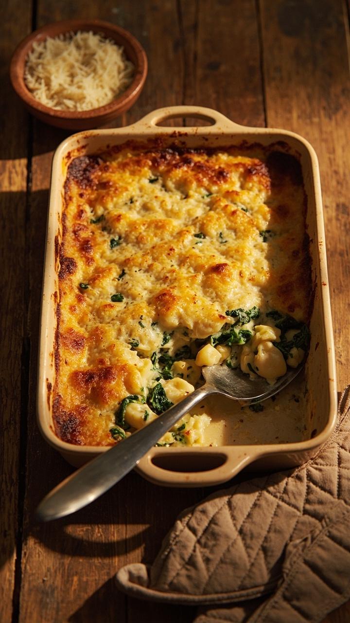A golden baked casserole of gnocchi and spinach with an almost lacy Parmesan crisp on top. A serving spatula resting in the dish and a small bowl of extra grated cheese nearby. A warm oven mitt on the table.