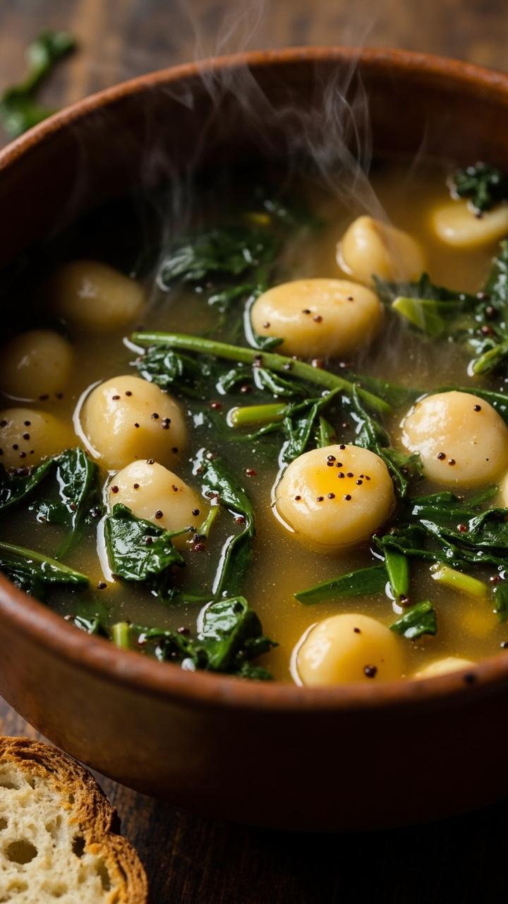 A steaming bowl of brothy soup with gnocchi, tender white beans and ribbons of dark green kale. A drizzle of olive oil on top and a sprinkle of cracked pepper. A deep soup bowl with crusty bread on the side.