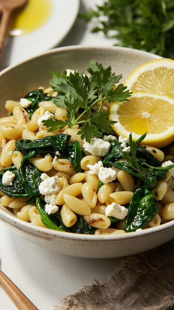 A shallow white bowl of glossy pale yellow orzo studded with bright green wilted spinach and crumbled white feta. A thin lemon wedge rests on the rim. A sprig of parsley and a drizzle of olive oil catch the light. A rustic linen napkin and a wooden fork sit nearby.