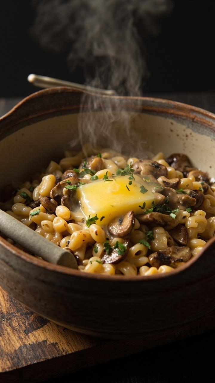 A deep bowl of creamy beige orzo dotted with sliced brown mushrooms and tiny green thyme leaves. A pat of melting butter on top glistens. A plain ceramic spoon and a dark wooden board frame the bowl.