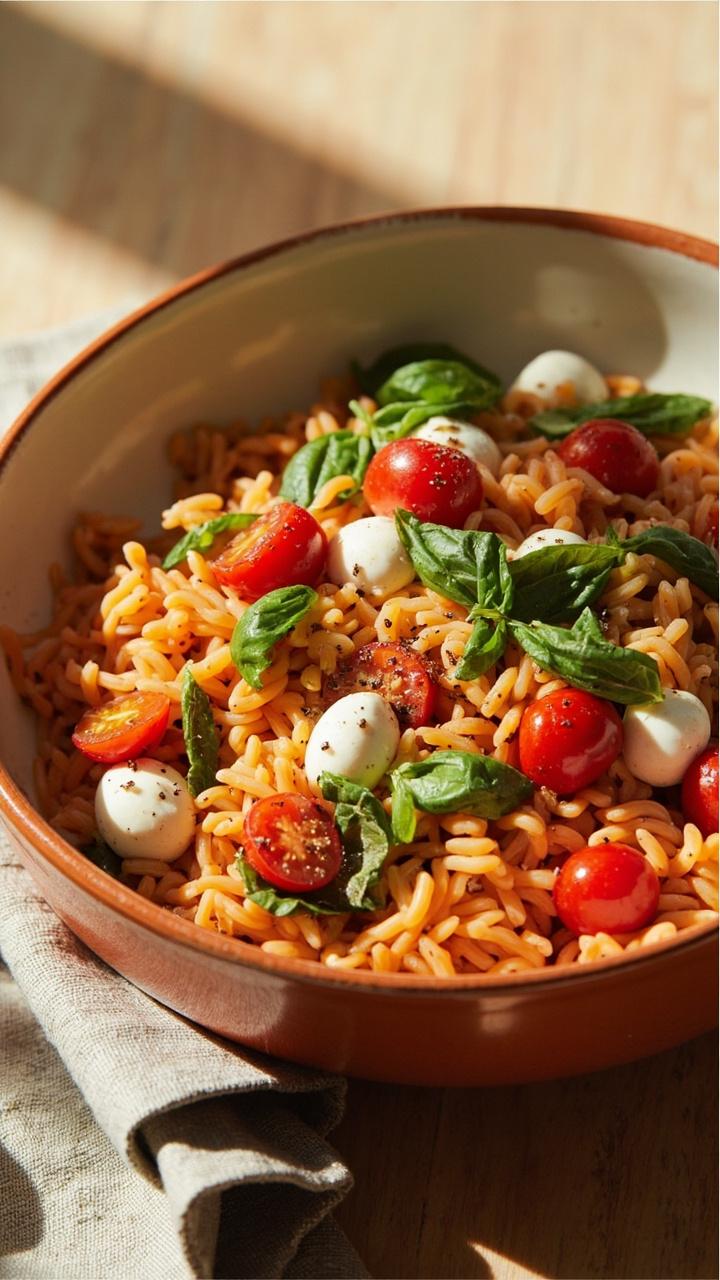 A shallow bowl of orange red orzo mixed with halved cherry tomatoes, bright green basil leaves, and small soft mozzarella pearls. A drizzle of olive oil and a sprinkle of cracked black pepper are visible. A light wood table and a folded napkin sit beside the bowl.