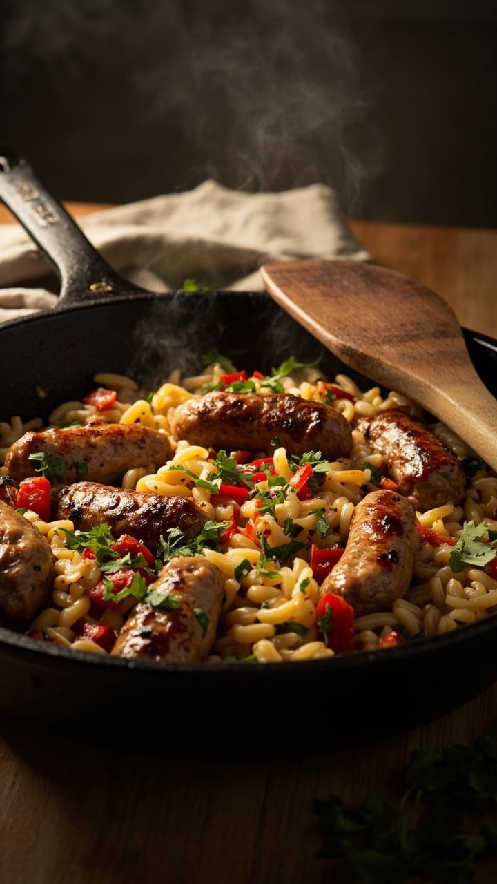 A black skillet filled with golden brown sausage slices, tender orzo, and flecks of chopped red bell pepper and parsley. A wooden spatula rests on the rim and a folded kitchen towel sits nearby.