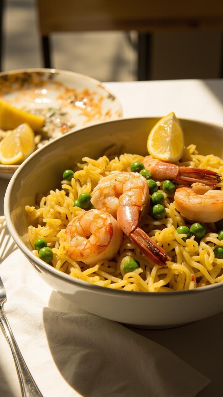 A shallow bowl of sunlit yellow orzo with pink sauteed shrimp arranged on top, bright green peas scattered through, and a lemon wedge on the side. A clean white napkin and a fork are beside the bowl.