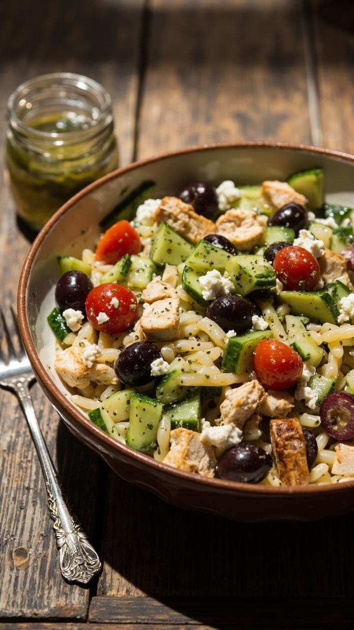 A wide shallow bowl of pearly orzo mixed with chopped cucumber, halved cherry tomatoes, kalamata olives, diced grilled chicken, and crumbled feta. A small jar of dressing sits beside the bowl and a vintage fork rests on the table.