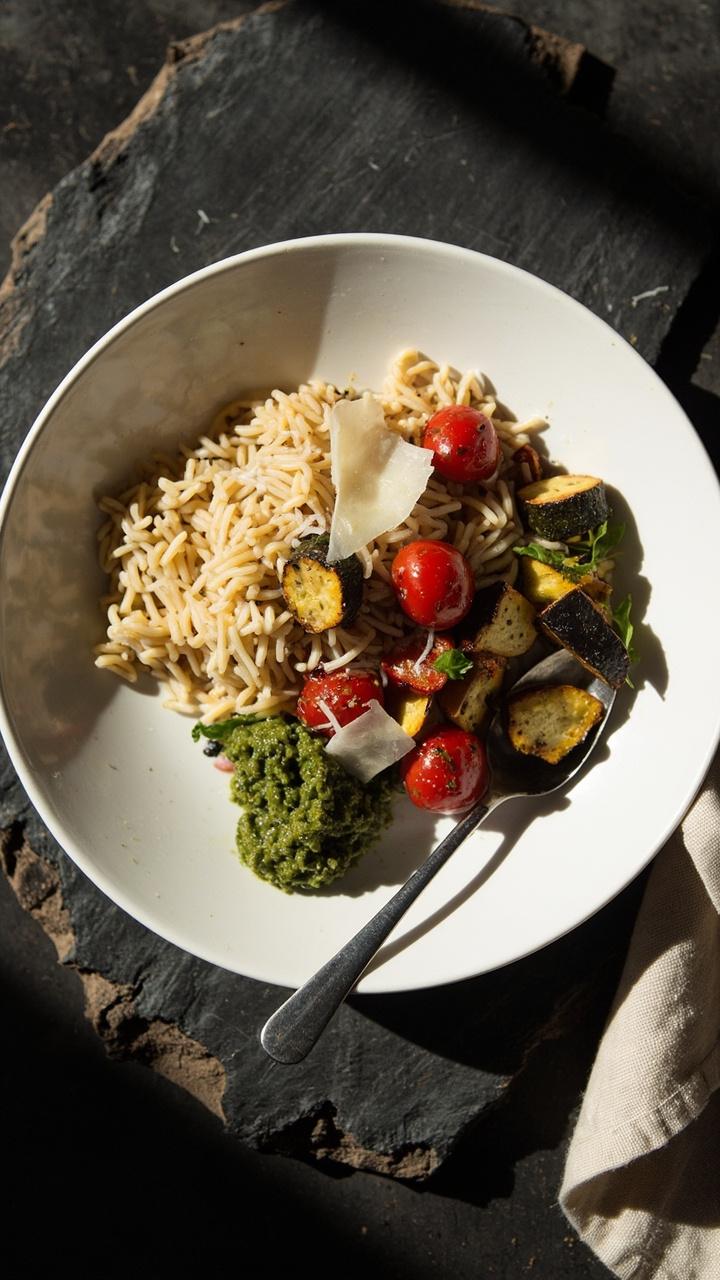 A shallow white plate of orzo topped with roasted chunks of zucchini, red bell pepper, and cherry tomatoes, a spoonful of green pesto on the side and a sprinkle of shaved Parmesan. A slate board and a cloth napkin complete the scene.